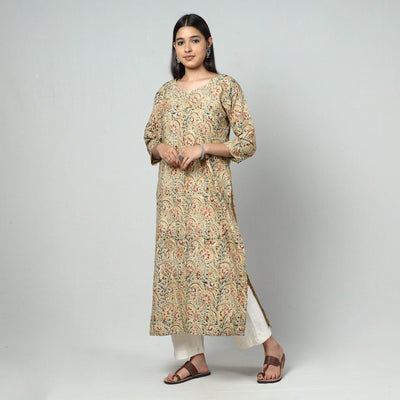 Beige - Kalamkari Block Printed Cotton Long Kurta