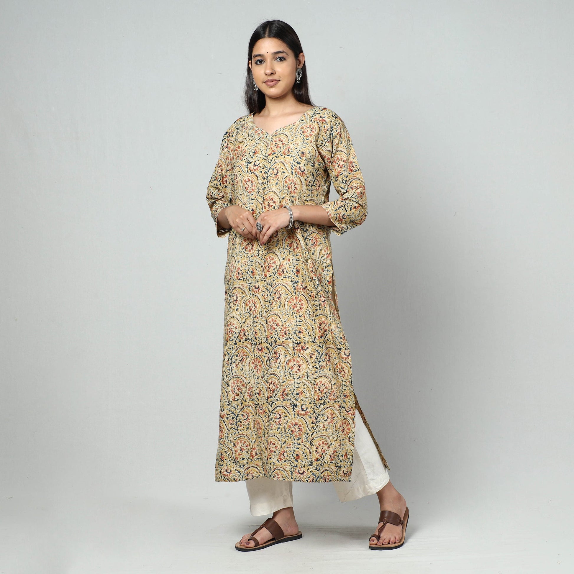 Beige - Kalamkari Block Printed Cotton Long Kurta