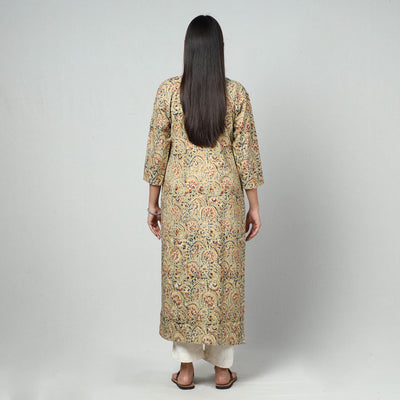 Beige - Kalamkari Block Printed Cotton Long Kurta