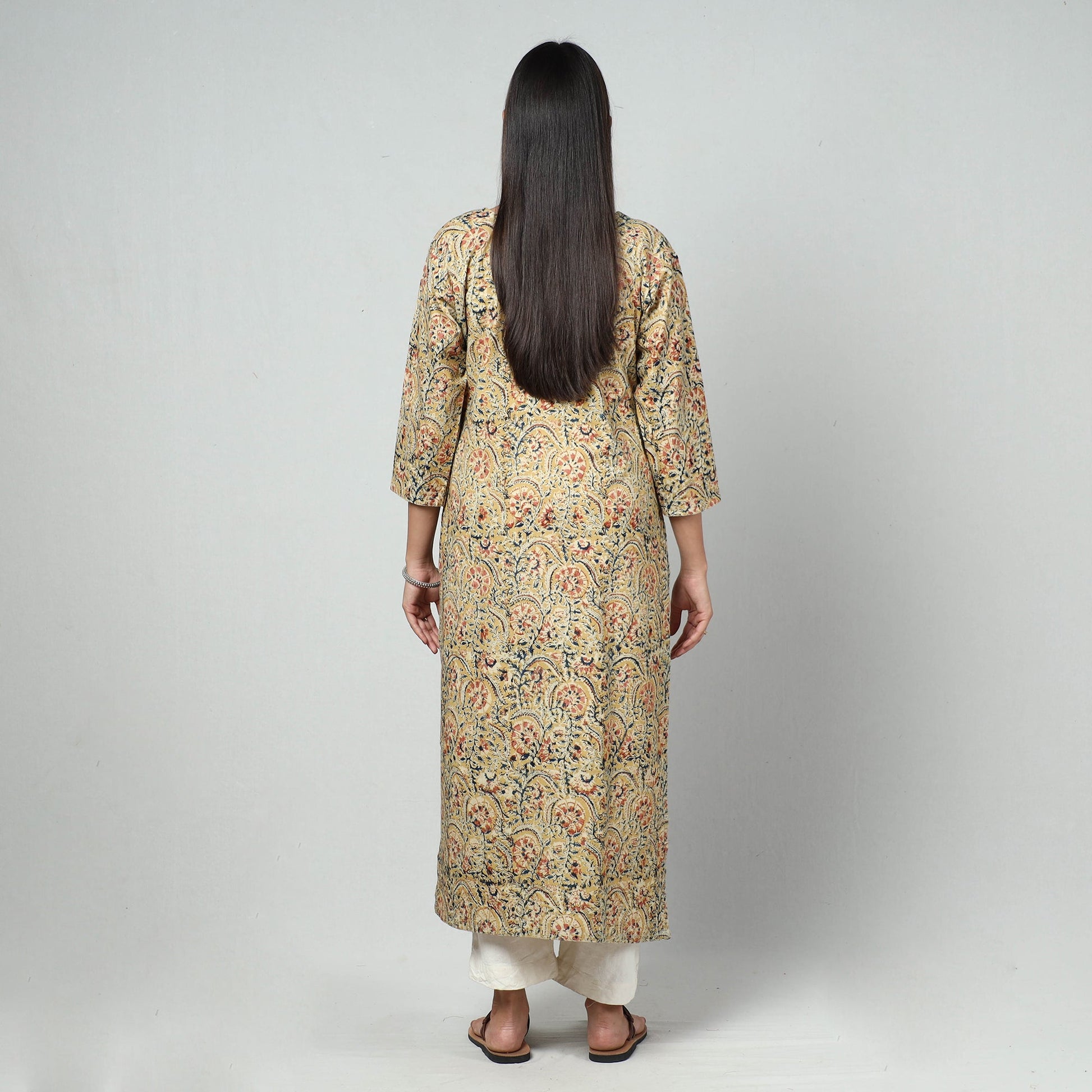 Beige - Kalamkari Block Printed Cotton Long Kurta