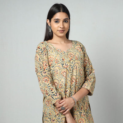 Beige - Kalamkari Block Printed Cotton Long Kurta