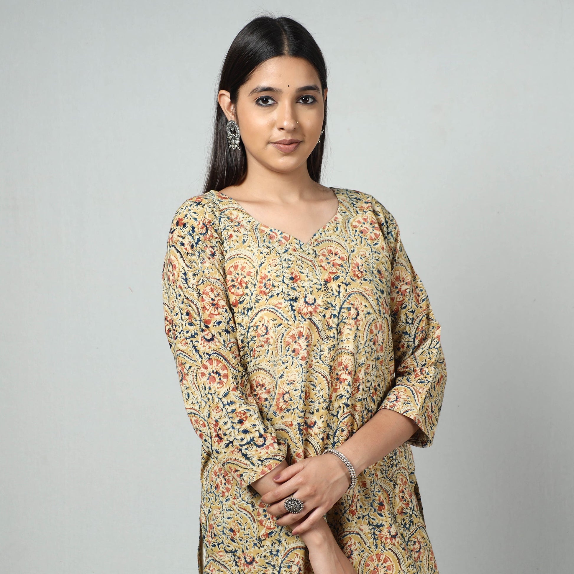 Beige - Kalamkari Block Printed Cotton Long Kurta