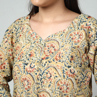 Beige - Kalamkari Block Printed Cotton Long Kurta