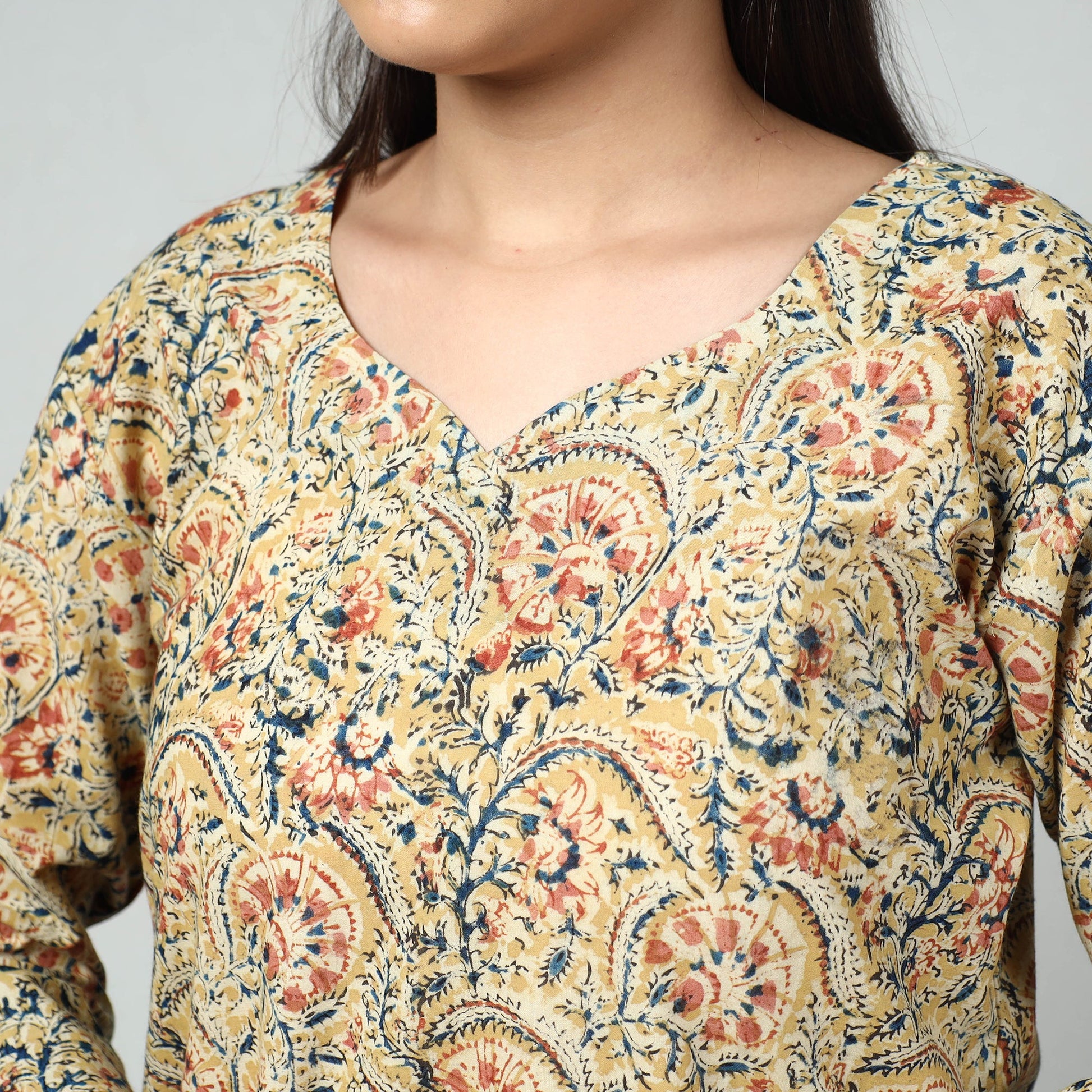 Beige - Kalamkari Block Printed Cotton Long Kurta