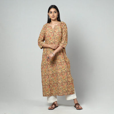Beige - Kalamkari Block Printed Cotton Long Kurta