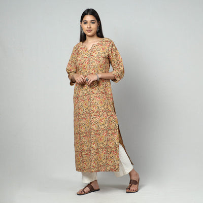 Beige - Kalamkari Block Printed Cotton Long Kurta