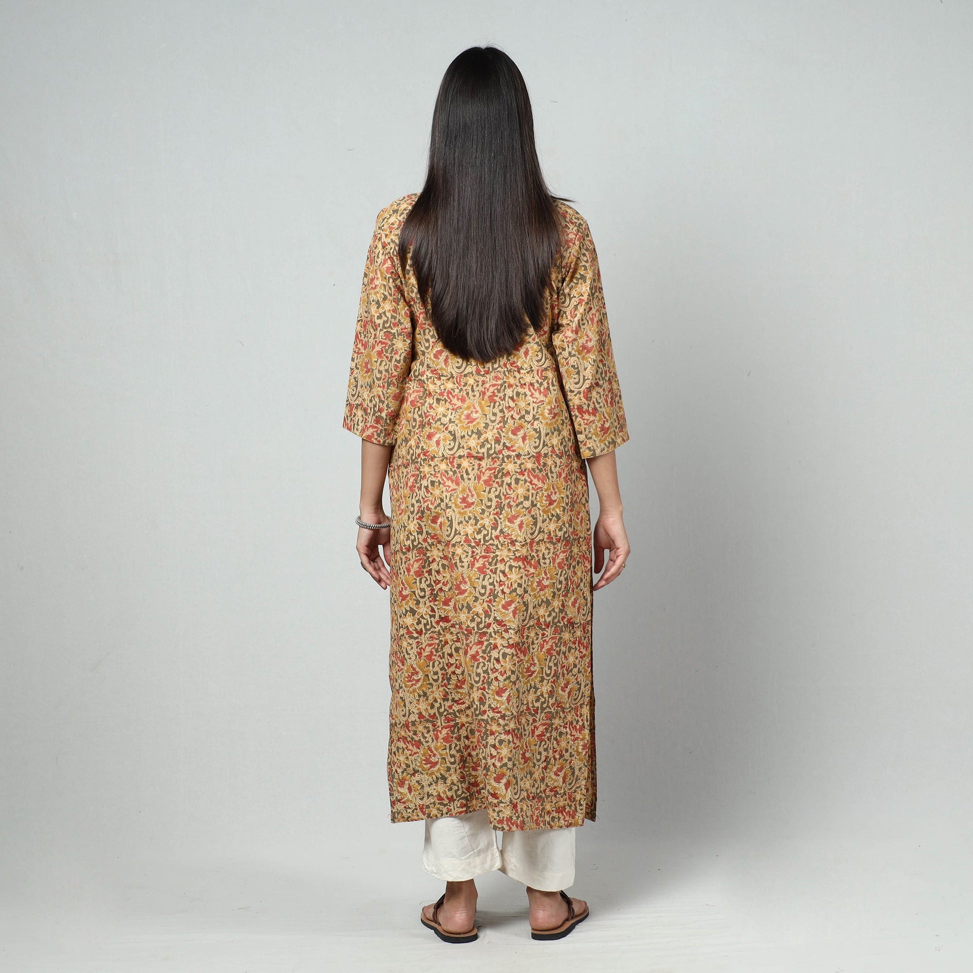 Beige - Kalamkari Block Printed Cotton Long Kurta