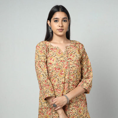 Beige - Kalamkari Block Printed Cotton Long Kurta