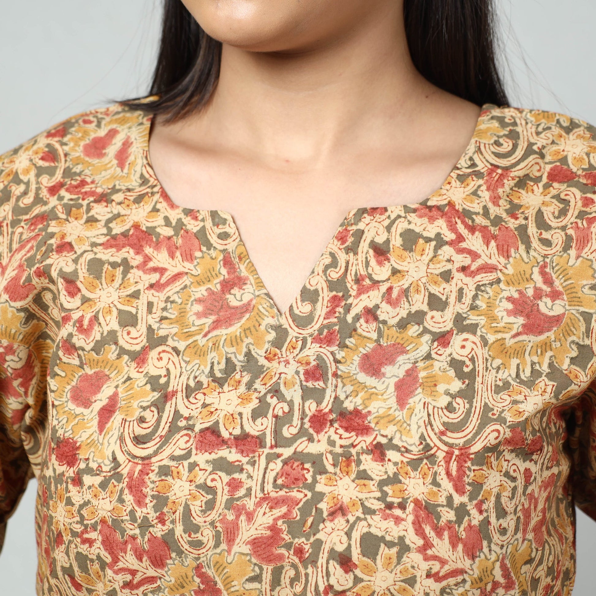 Beige - Kalamkari Block Printed Cotton Long Kurta