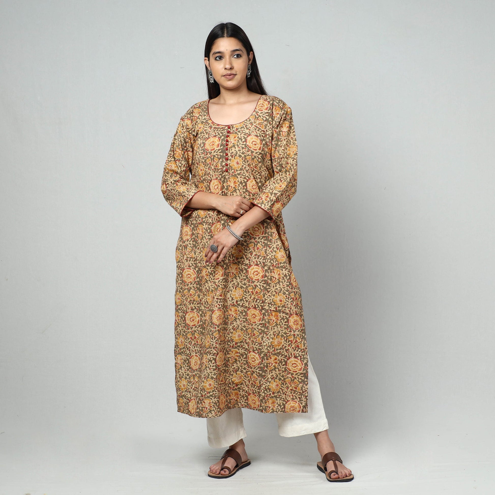 Brown - Kalamkari Block Printed Cotton Long Kurta
