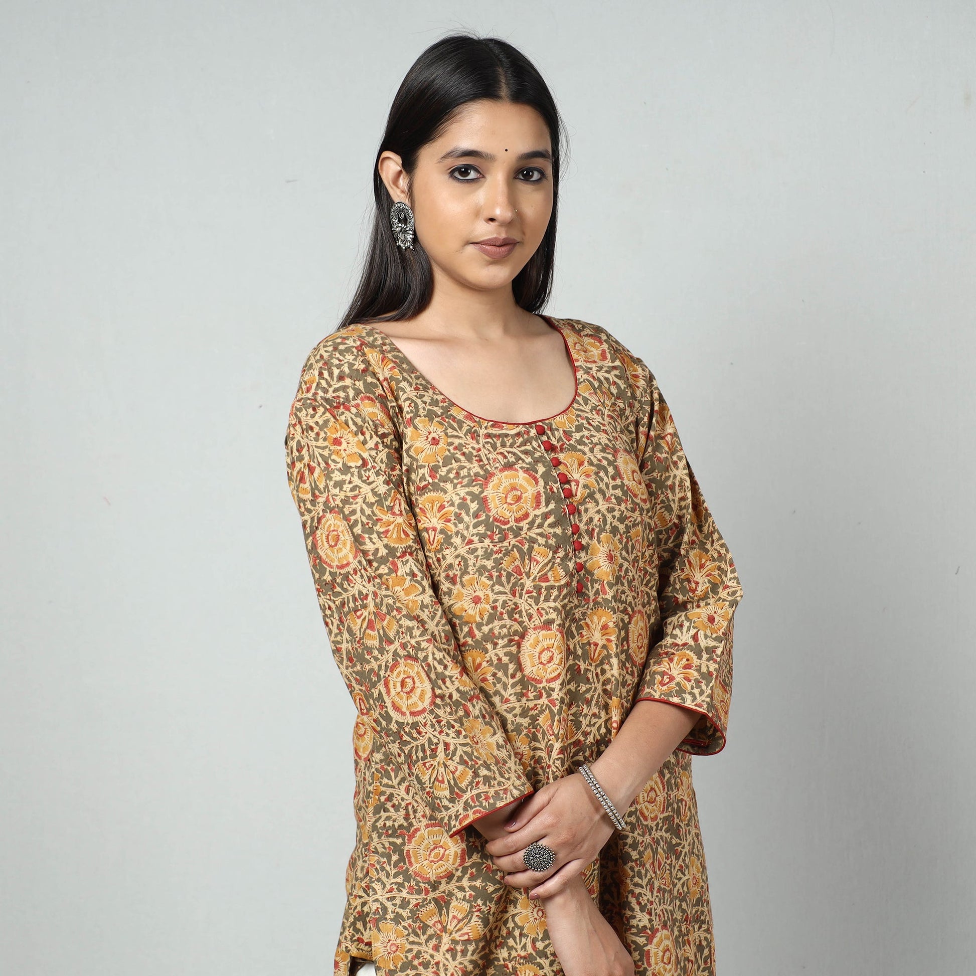 Brown - Kalamkari Block Printed Cotton Long Kurta
