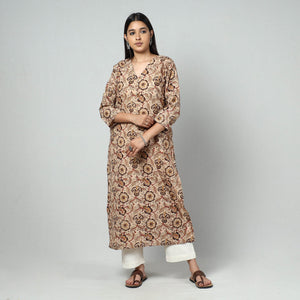 Beige - Kalamkari Block Printed Cotton Long Kurta