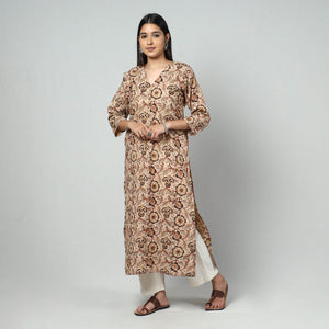 Beige - Kalamkari Block Printed Cotton Long Kurta
