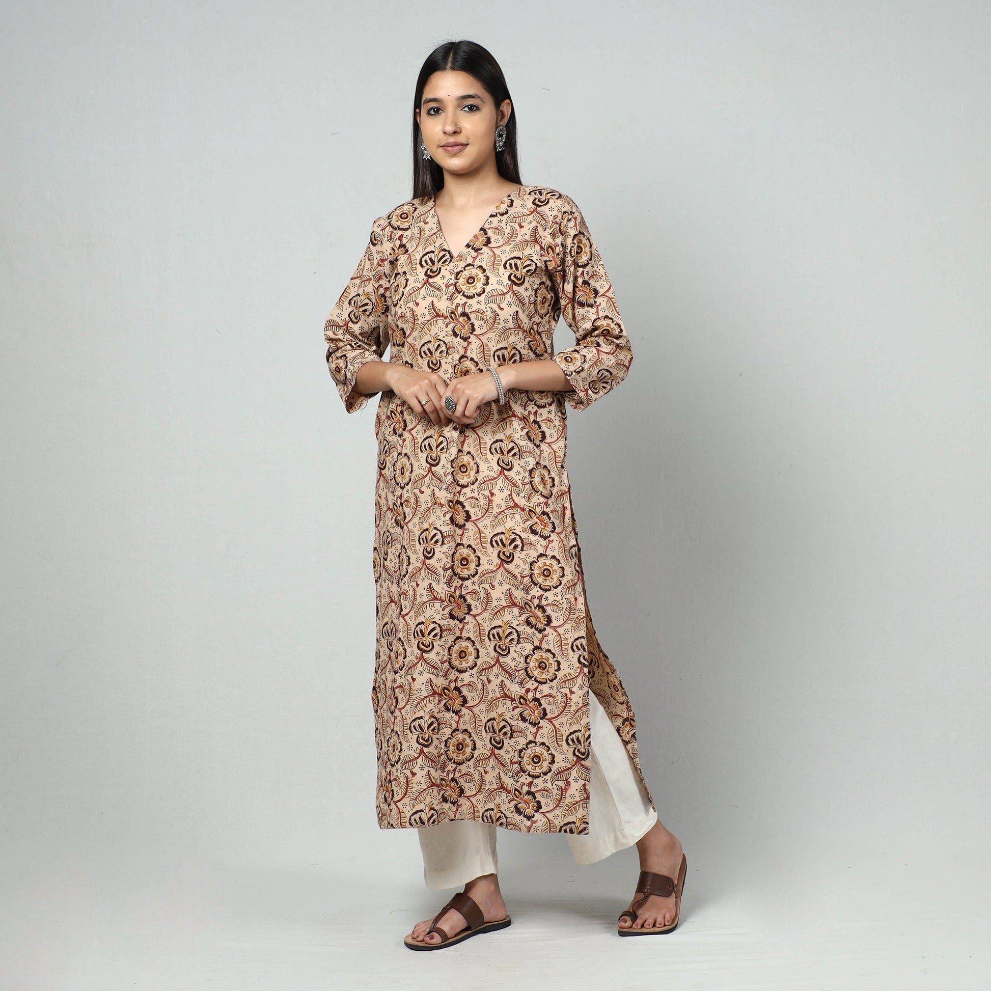 Beige - Kalamkari Block Printed Cotton Long Kurta