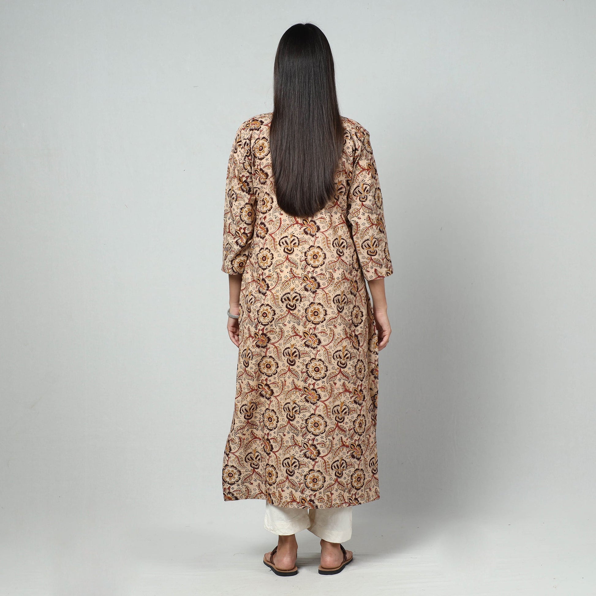 Beige - Kalamkari Block Printed Cotton Long Kurta