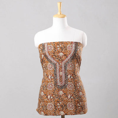 Brown - Embroidery Bagru Block Printing Cotton Kurta Material - 2.5 meter