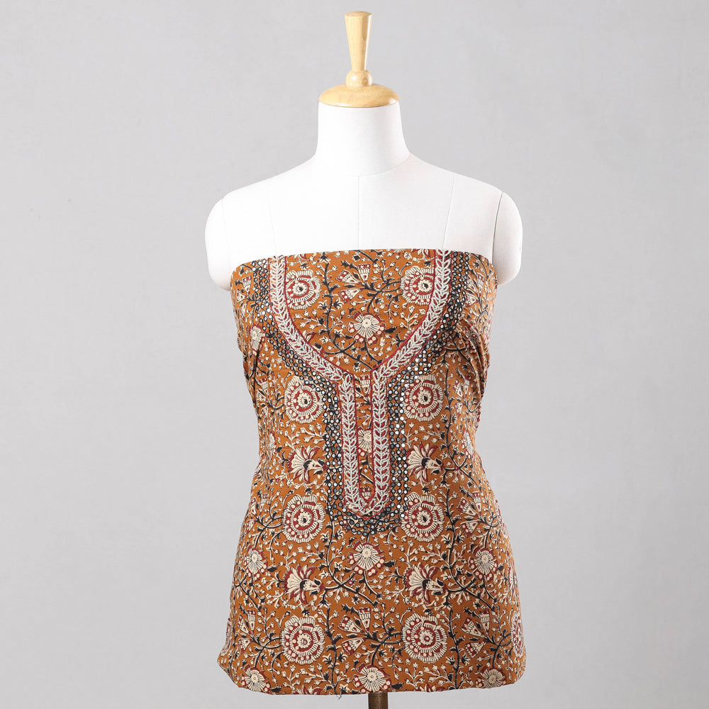 Brown - Embroidery Bagru Block Printing Cotton Kurta Material - 2.5 meter