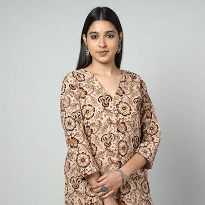 Beige - Kalamkari Block Printed Cotton Long Kurta