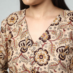 Beige - Kalamkari Block Printed Cotton Long Kurta