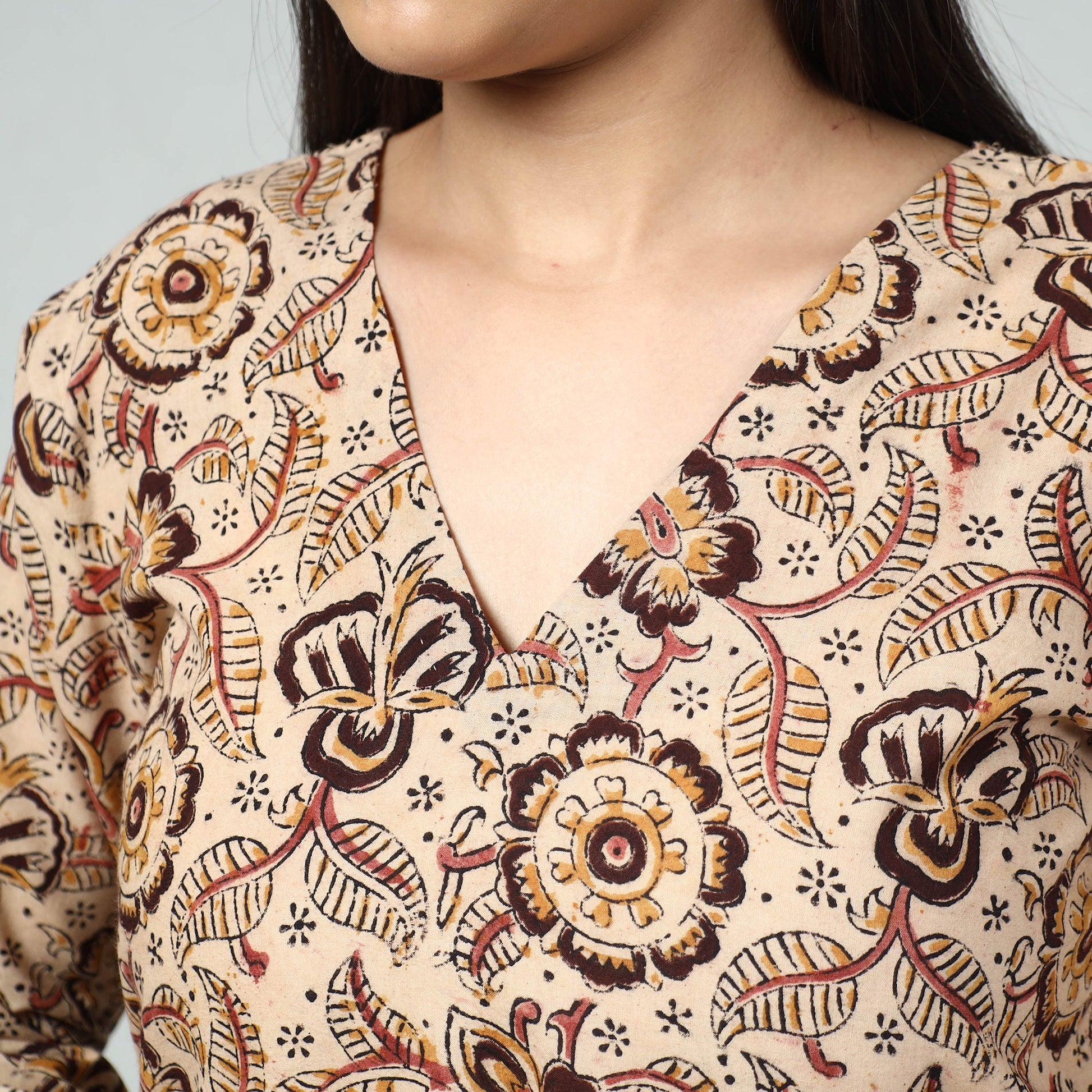 Beige - Kalamkari Block Printed Cotton Long Kurta