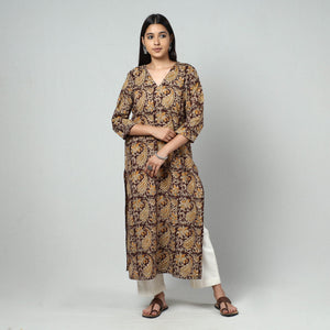 Brown - Kalamkari Block Printed Cotton Long Straight Kurta