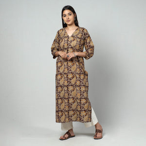 Brown - Kalamkari Block Printed Cotton Long Straight Kurta