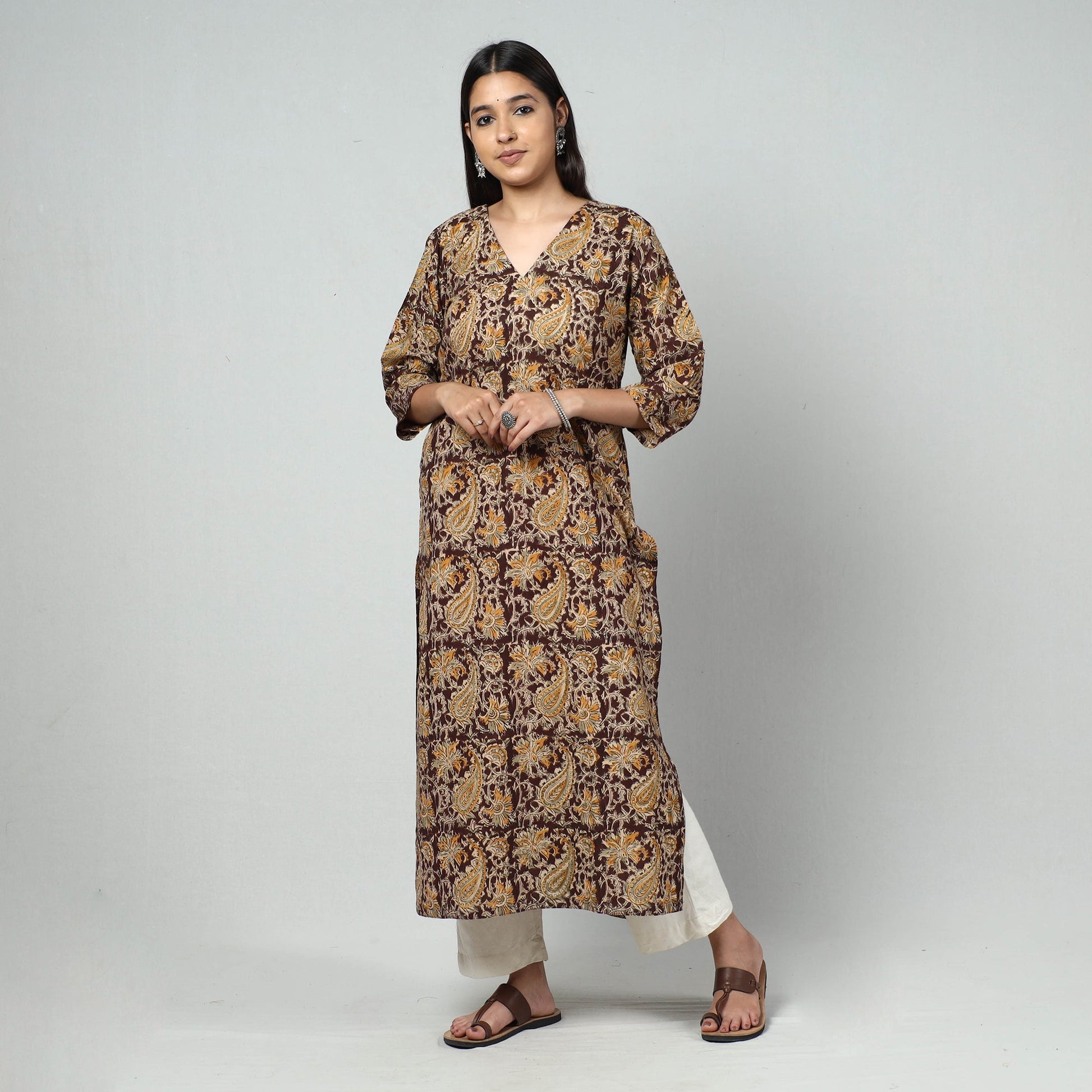 Brown - Kalamkari Block Printed Cotton Long Straight Kurta
