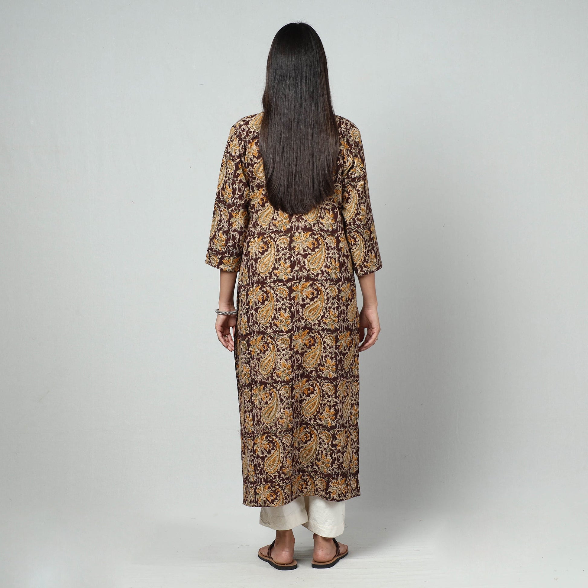 Brown - Kalamkari Block Printed Cotton Long Straight Kurta