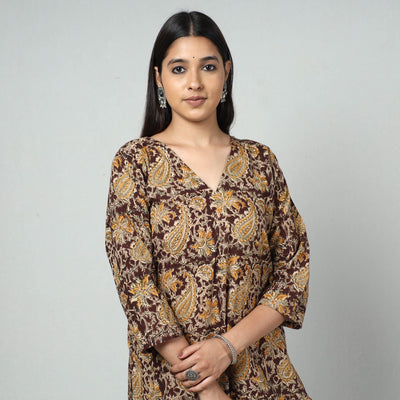 Brown - Kalamkari Block Printed Cotton Long Straight Kurta