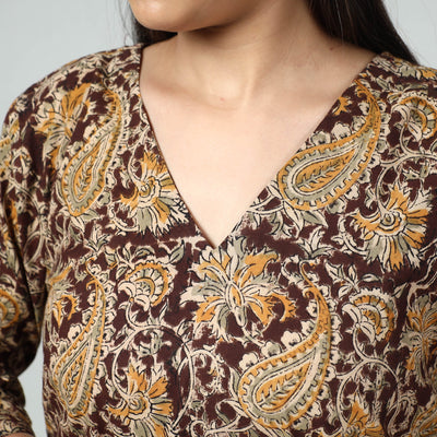 Brown - Kalamkari Block Printed Cotton Long Straight Kurta