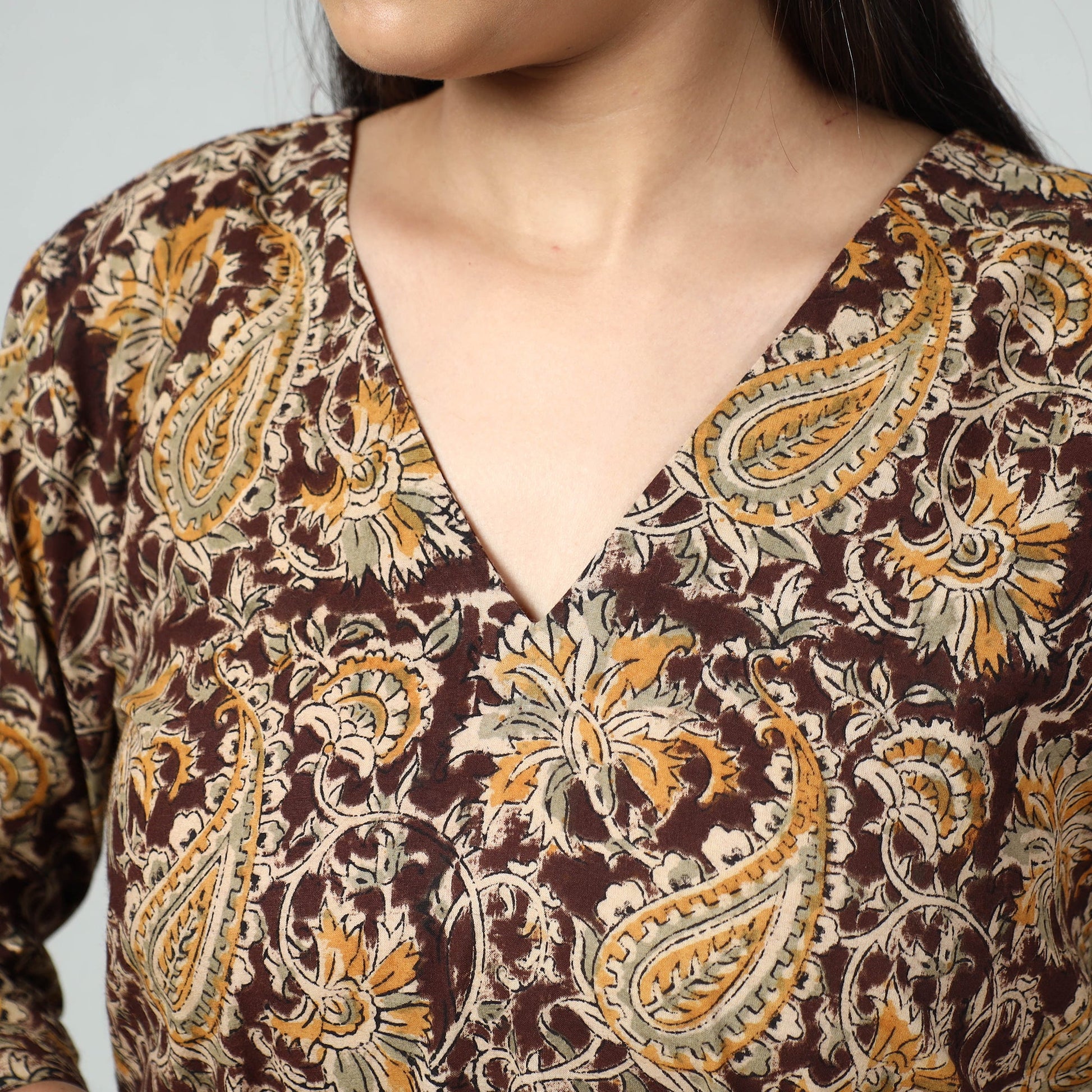 Brown - Kalamkari Block Printed Cotton Long Straight Kurta