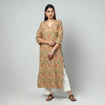Beige - Kalamkari Block Printed Cotton Long Straight Kurta
