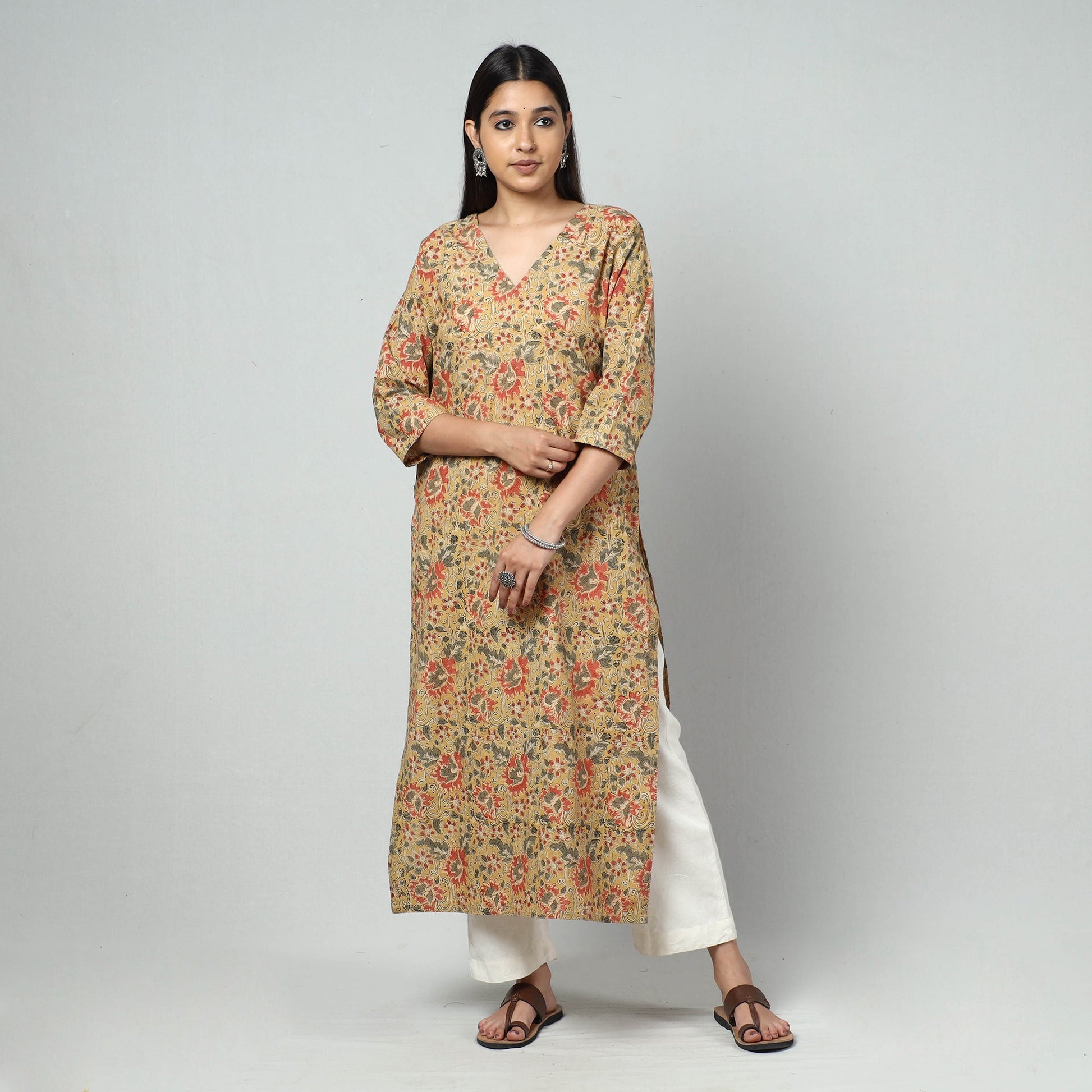 Beige - Kalamkari Block Printed Cotton Long Straight Kurta
