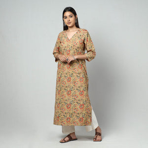 Beige - Kalamkari Block Printed Cotton Long Straight Kurta