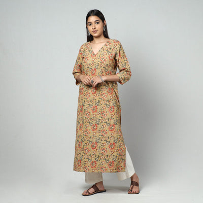Beige - Kalamkari Block Printed Cotton Long Straight Kurta