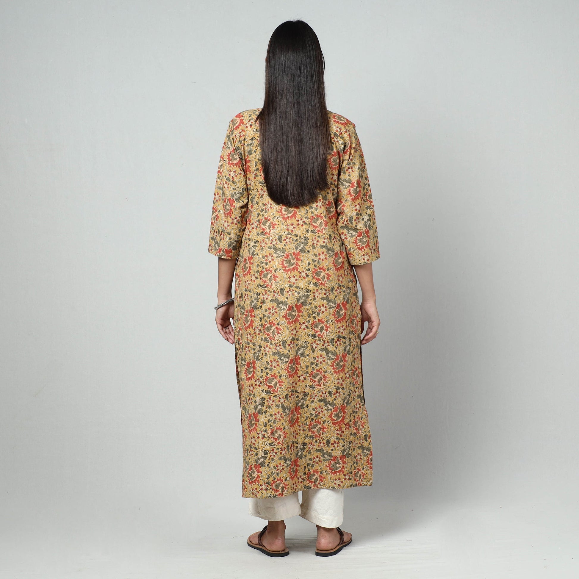 Beige - Kalamkari Block Printed Cotton Long Straight Kurta