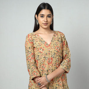 Beige - Kalamkari Block Printed Cotton Long Straight Kurta