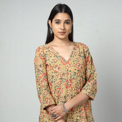 Beige - Kalamkari Block Printed Cotton Long Straight Kurta
