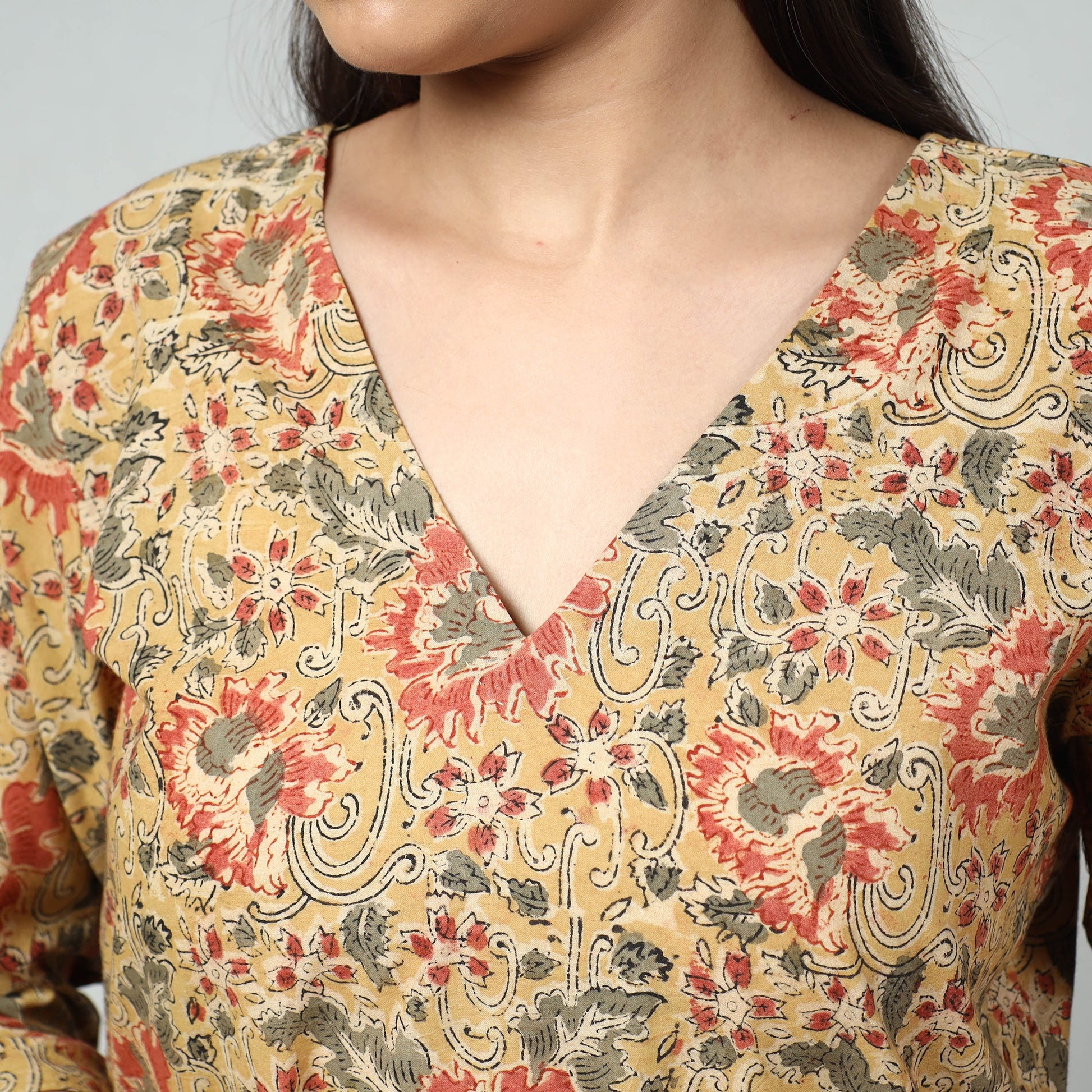 Beige - Kalamkari Block Printed Cotton Long Straight Kurta