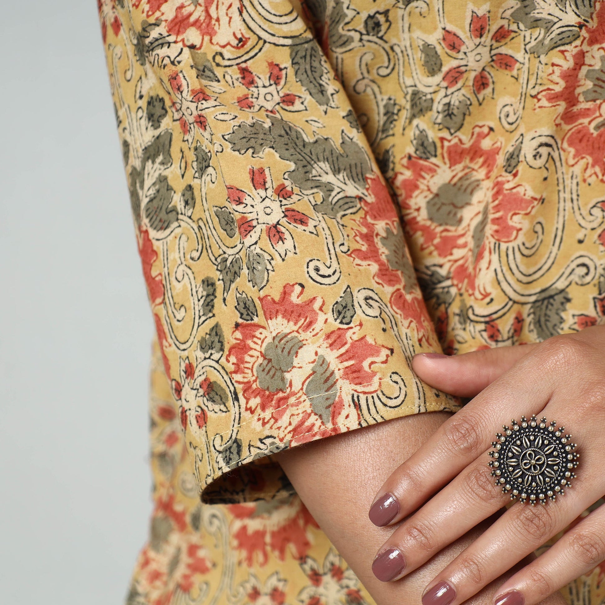 Beige - Kalamkari Block Printed Cotton Long Straight Kurta