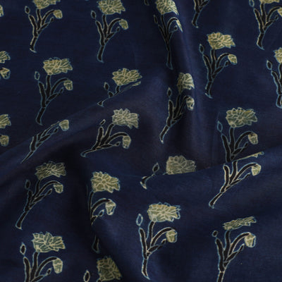 Blue - Ajrakh Block Printed Chanderi Silk Fabric 06