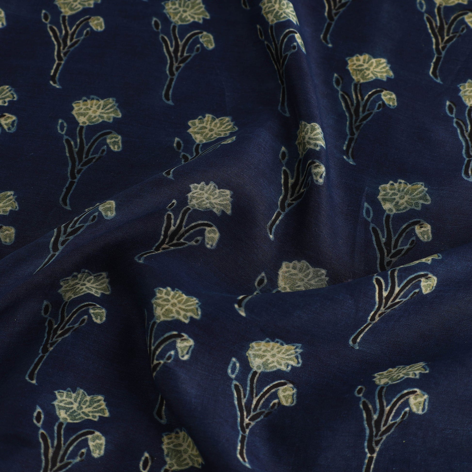 Blue - Ajrakh Block Printed Chanderi Silk Fabric 06
