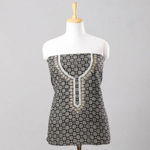 Black - Bead Work Embroidery Ajrakh Block Printed Cotton Kurta Material - 2.5 meter