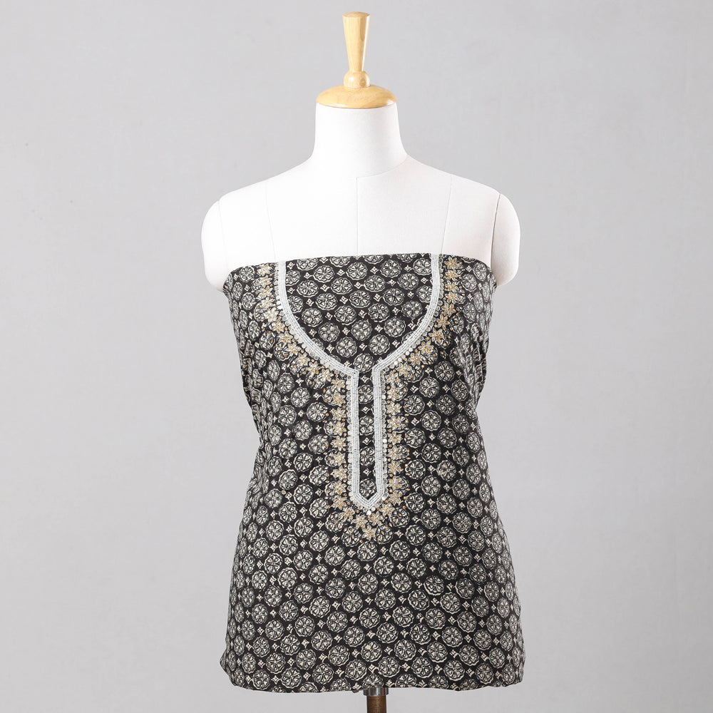 Black - Bead Work Embroidery Ajrakh Block Printed Cotton Kurta Material - 2.5 meter