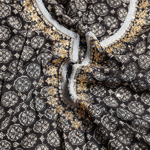 Black - Bead Work Embroidery Ajrakh Block Printed Cotton Kurta Material - 2.5 meter