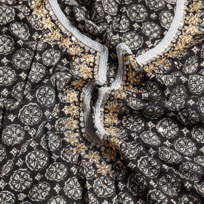 Black - Bead Work Embroidery Ajrakh Block Printed Cotton Kurta Material - 2.5 meter