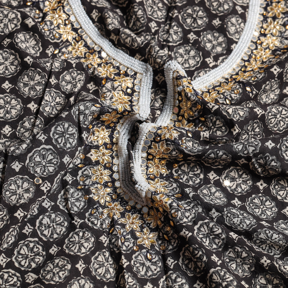 Black - Bead Work Embroidery Ajrakh Block Printed Cotton Kurta Material - 2.5 meter