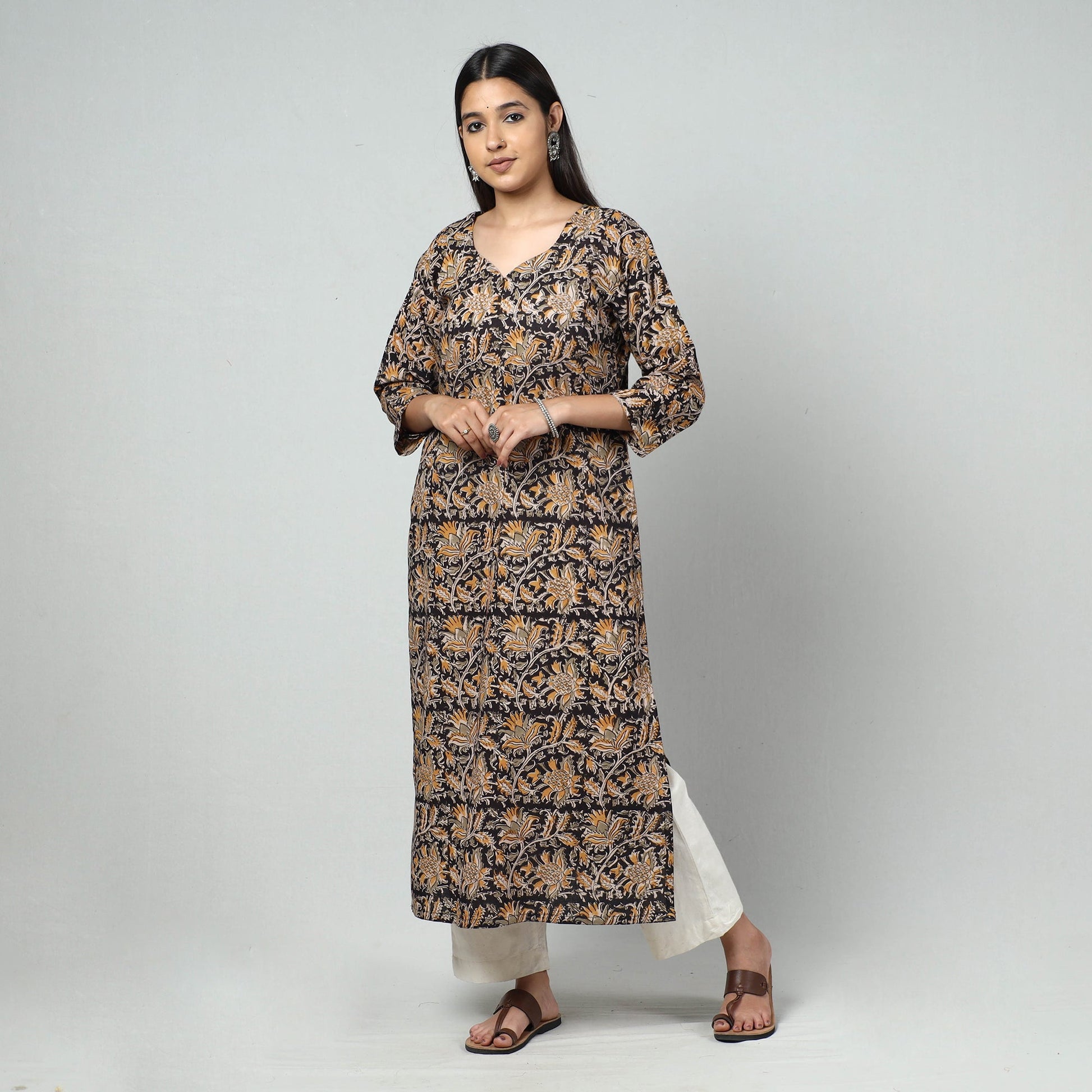 Black - Kalamkari Block Printed Cotton Long Kurta