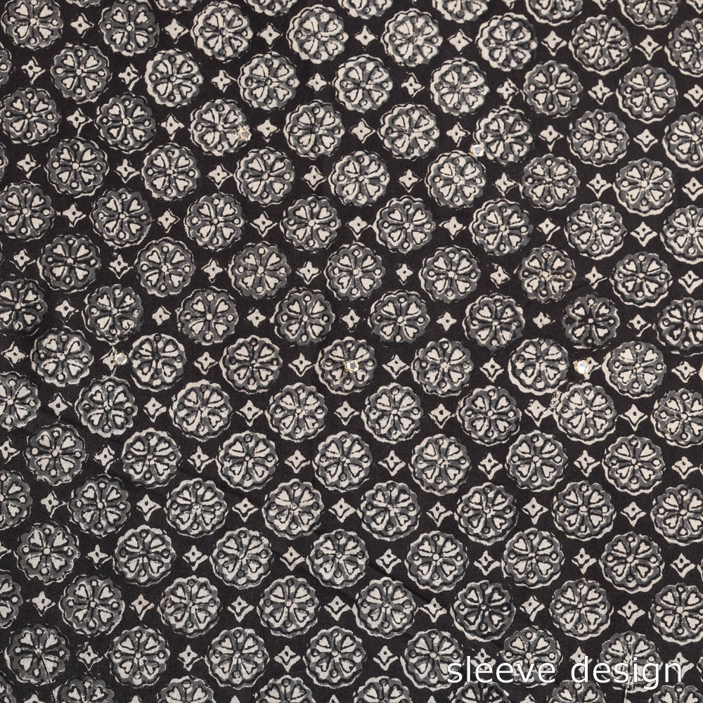 Black - Bead Work Embroidery Ajrakh Block Printed Cotton Kurta Material - 2.5 meter