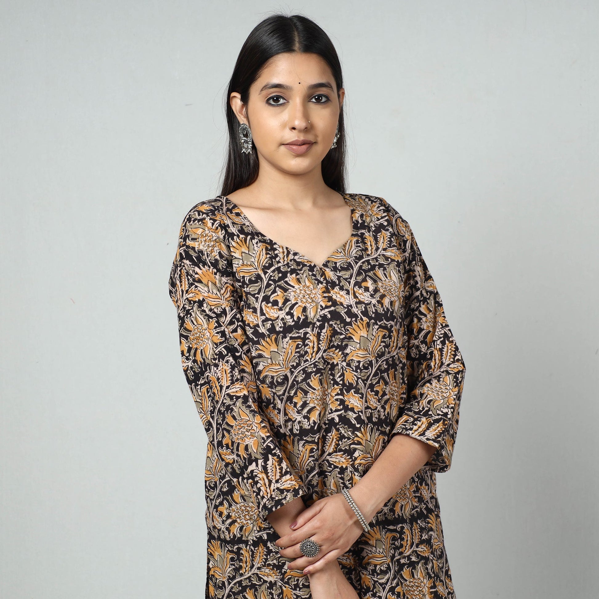 Black - Kalamkari Block Printed Cotton Long Kurta